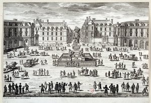 Ansicht des Place des Victoires in Paris mit der Statue von Ludwig XIV., errichtet von Marschall de la Feuillade im Jahr 1686. Gravur des 17. Jahrhunderts. Paris, Musée Carnavalet von Unknown artist