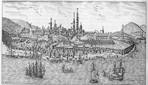 Ansicht der Stadt Quebec in Kanada (Ende des 17. Jahrhunderts): A. Jardin du fort. B. Das Fort. C. Pulverlager. D. Les Recollets. E. Ursulinen. F. Die Jesuiten. G. Die Kathedrale. H. Das Seminar. I. Hotel Dieu. L. Allgemeines Krankenhaus. Mr. L
