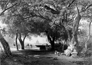 Ansicht von Rom vom Pincio, wo die Villa Medici steht. Im Hintergrund sieht man die Kuppel von St. Peter. Gravur, ca. 1840.