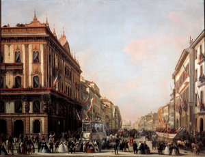 Ansicht der Venezianischen Straße mit Karnevalswagen, Mailand