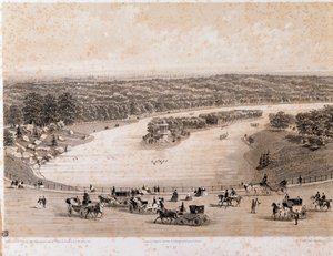 Ansicht des Bois de Boulogne in Paris. Lithographie von 1850. Private Sammlung