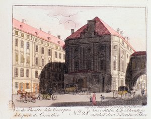 Ansicht des Hoftheaters am Kärntnertor in Wien, wo Beethovens 9. Symphonie am 07.05.1824 erstmals aufgeführt wurde. Österreich. Gravur von 1815. Private Sammlung von Unknown artist