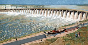 Ansicht des Dnepr-Wasserkraftwerks oder Dneprostroi-Damms, gebaut zur Förderung der sowjetischen Industrialisierung durch Iosef Stalin im Jahr 1932, Chromolithographie