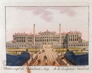 Ansicht des kaiserlichen Schlosses Schönbrunn (16.-17. Jahrhundert) in der Nähe von Wien, Österreich Gravur von 1815 Private Sammlung