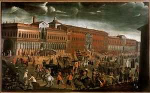 Ansicht des Ospedale Maggiore (Großes Krankenhaus) am Tag des Festes der Vergebung in Mailand. Heute ist es die Staatliche Universität. Der Platz ist belebt von Verkäufern, Einheimischen, Bettlern, Dieben und religiösen Prozessionen. Anonymes Gemälde um 16