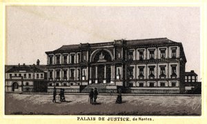 Ansicht des Justizpalastes von Nantes (Loire-Atlantique, Pays de la Loire), Frankreich. Chromolithographie aus dem späten 19. Jahrhundert