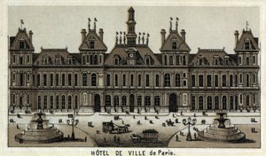 Ansicht des Rathauses von Paris und des Platzes. Chromolithographie aus dem späten 19. Jahrhundert