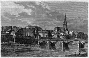 Ansicht der Stadt Mézières Ende des 19. Jahrhunderts. Gravur in „le journal de la Jeunesse“ von 1888.