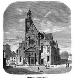 Ansicht der Fassade der Kirche Saint-Etienne-du-Mont, Place Sainte-Genevieve in Paris im 5. Arrondissement im Jahr 1858