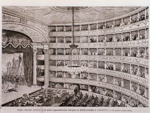 Ansicht der ersten Aufführung der Oper Der Herzog von Alba, im Teatro Apollo, Rom