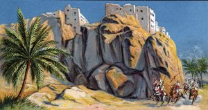 Ansicht der befestigten Stadt Al-Hadjaren, Jemen, 1930er Jahre Chromolithographie Private Sammlung von Unknown Artist