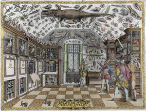 Ansicht des Museums (Kabinetts) der Kuriositäten (enzyklopädisches Museum) des Apothekers Ferrante Imperato (1550 - 1631). Gravur von 1678. Museum des neapolitanischen Apothekers Ferrante Imperato. von Unknown artist