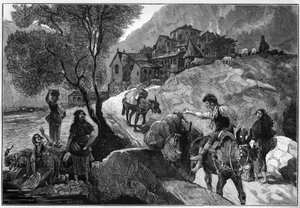 Ansicht des Dorfes Andorra la Vella der Republik Andorra und seiner Bewohner, Andorraner. Gravur in „Le Monde Illustré“.