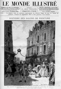 Besuch der Gemäldeausstellung auf dem Place Dauphine auf der Île de la Cité in Paris, am Tag des Fronleichnamsfestes im Jahr 1725. Gravur in „Le Monde illustrious“ von Unknown artist