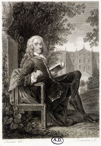 Voltaire liest in einem Park - Gravur