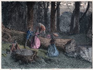 Spaziergänger versuchen, das Alter einer toten Eiche zu berechnen, indem sie den Baumstamm untersuchen. Gravur Ende des 19. Jahrhunderts.