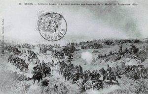 Krieg von 1870: Bayerische Artillerie nimmt Stellung von den Höhen der Marfe in den Ardennen am 01.09.1870. Gravur von 1870 von Unknown artist