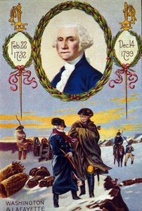 Unabhängigkeitskrieg der Vereinigten Staaten: der Marquis de Lafayette (1757-1834) traf George Washington (1732-1799) in Valley Forge, um ihm 1777 zu helfen. Chromolithographie des 19. Jahrhunderts von Unknown artist