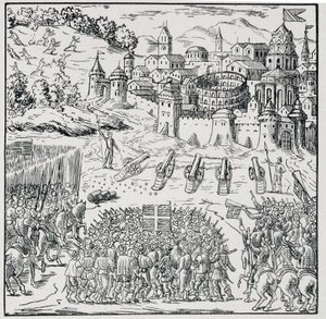 Religionskrieg: Die Stadt Nîmes belagert von der Armee des Königs (Heinrich III.) im Jahr 1576 - in „Sammlung von 39 Figuren, die die Katastrophen Frankreichs von 1562 bis 1586 darstellen“, Louis Perrin Druckerei
