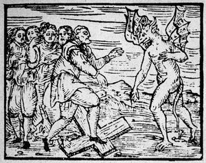 Hexerei: der Teufel und die Männer, die auf dem katholischen Kreuz gehen - Gravur von Unknown artist