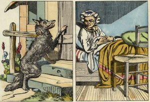 Der Wolf klopft an Großmutters Tür. Illustration des Märchens „Rotkäppchen“ von Charles Perrault von Unknown artist