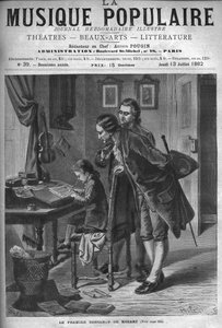 Wolfgang Amadeus Mozart schreibt ein Konzert für Cembalo in Anwesenheit seines Vaters Leopold und Andreas Schachtner 1762 - Gravur in „La musique populaire“ illustrierten Wochenzeitung - 1882 von Unknown artist
