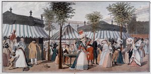 Weltspaziergang durch die Gärten des Königspalastes, Ende 18. Jahrhundert - Chromolithografie nach der Gravur von Debucourt