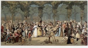 Weltspaziergang durch die Gärten des Königspalastes, spätes 18. Jahrhundert - Chromo nach der Gravur von Debucourt