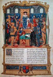 Schreiben einer Biografie: „Philippe de Comines (Comynes oder Comines) (1447-1511) diktiert seine Memoiren vor Ludwig XI.“ Miniatur aus „Memoires de Philippe de Comynes“ 1489-1498 Paris, B.N.