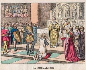 Ritterschlag - La Chivalerie - Weihe eines Ritters - Gravur Ende des 19. Jahrhunderts in „Nos Gires Nationales - Images et récits“
