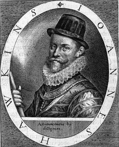 Porträt von Sir John Hawkins (Hawkyns) Englischer Admiral (1532-1595), bekannt als erster Schwarzhändler, er unternahm mehrere Reisen, finanziert von Londoner Kaufleuten, zwischen Afrika und Amerika. Gravur von 1620