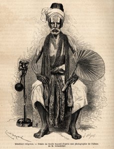 Ein hinduistischer religiöser Bettler. Gravur zur Illustration der Reise in die südlichen Provinzen Indiens, von Alfred Grandidier, veröffentlicht in „Le tour du monde“ 1869, herausgegeben von Edouard Charton, Edition Hachette, Paris. Selva-Sammlung