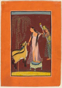 Eine Dame mit Dienerin und einem Paar Hirsche: Wahrscheinlich Gujari Ragini von Dipak, aus einer Pahari Ragamala
