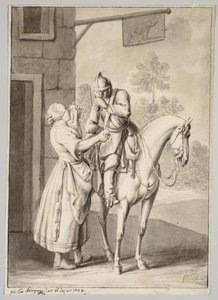 Ein Soldat in Rüstung vor einer Taverne