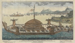 Ansicht des französischen Floßes, wie es im Februar 1798 in St. Maloes schwimmt. Die Maschine ist 600 Fuß lang und 300 breit, trägt 500 Kanonen, 36 & 48 Pfund, und soll 15.000 Truppen für die Invasion Englands transportieren.