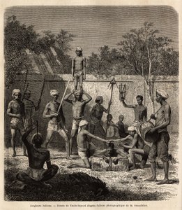 Eine Gruppe indischer Jongleure. Gravur zur Illustration der Reise in die südlichen Provinzen Indiens, von Alfred Grandidier, 1862-1864, veröffentlicht in „le tour du monde“, unter der Leitung von D