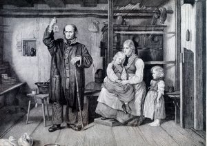 Ein Arzt untersucht eine Flasche, wahrscheinlich eine Urinflasche, während eines Besuchs bei einer Mutter und ihren zwei Kindern, die in Armut leben (Gravur) von Unknown artist