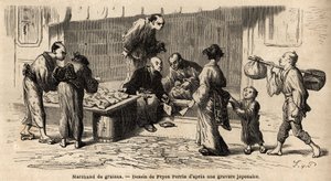 Ein Samenhändler mitten auf der Straße. Gravur zur Illustration der Reise nach Japan, in den Jahren 1863-1864, von Aime Humbert, Minister der Schweizerischen Eidgenossenschaft, in „Le tour du monde, nouveau journal des voyages“ veröffentlicht unter der Lei