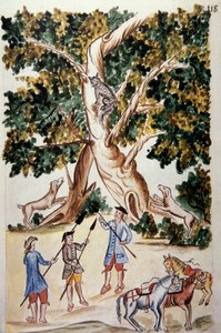 Eine Wildkatze sitzt auf einem Baum, Jäger warten auf sie, aus dem Buch „Trujillo del Peru“ oder „Códice Martínez Compañón“, von Baltazar Martínez Compañón y Bujanda, Bischof von Trujillo (1782-1785) von Unknown artist