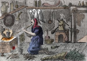 Eine Hexe in ihrem Labor, die einen Zaubertrank zubereitet, rechts ein Horn gefüllt mit magischen Kräutern. Gravur aus dem 16. Jahrhundert von Unknown artist