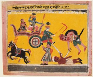 Entführung von Rukmini: Krishna fesselt die Hände von Rukma, aus einem Bhagavata Purana