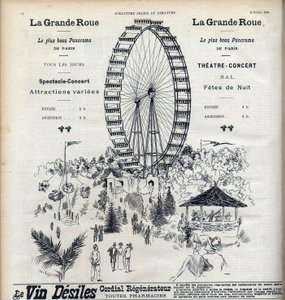 Werbung für das Riesenrad in Paris, das das schönste Panorama der Stadt für 1 Franc bietet. Gravur in „Le sun-du-dimanche“