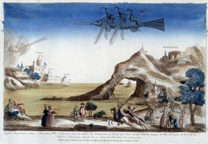 Aerostatischer Fisch, der in Plazentia, Spanien, von Dom Joseph Patinho gesteuert wird und am 10. März in die Stadt Coria am Ufer des Arragon-Flusses (12 Meilen von Plazentia entfernt) fliegt.