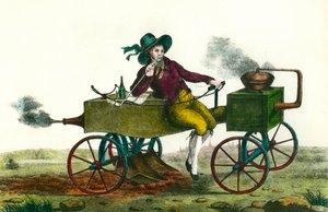 Landwirtschaft: Pflügszene mit einer Dampfmaschine im Jahr 1834. Anonymer Stich von 1834. Private Sammlung