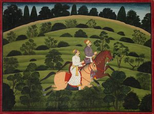 Akrura reitet nach Dwarka, Seite aus dem großen Basohli Bhagavata Purana