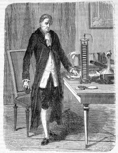 Alessandro Volta baute 1799 den Elektromotor oder die elektrische Batterie - Gravur