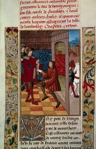 Allianz von Ludwig XI. (1423-1483) mit den Lüttichern gegen Karl den Kühnen. Miniatur aus „Chroniques d