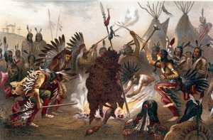 Amerikanisches Indianerritual (Südliche Dakota-Ebenen-Indianer): Sioux-Kriegstanz. Chromolithographie aus „Die menschliche Rasse“ von Ratzel, ca. 1890