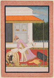 Ein Liebespaar, wahrscheinlich Raja Mahendra Pal von Basohli (r. 1806–13) mit einer Lieblingskönigin