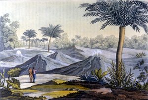 Ein indigener Mann zeigt Humboldt die Vulcancitos in der Nähe von Turbaco in Ecuador. Aus dem Buch von Alexander von Humboldt